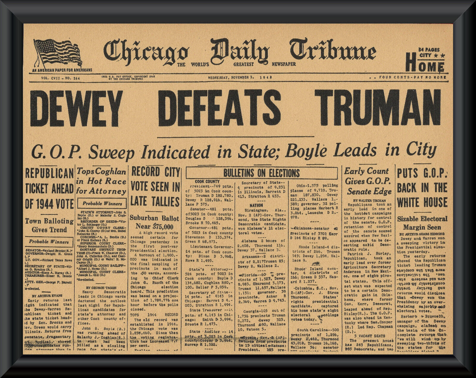 1948 Dewey Defeats Truman Error Newspaper Cover Reprint On Old Paper 8 1/2 x 11