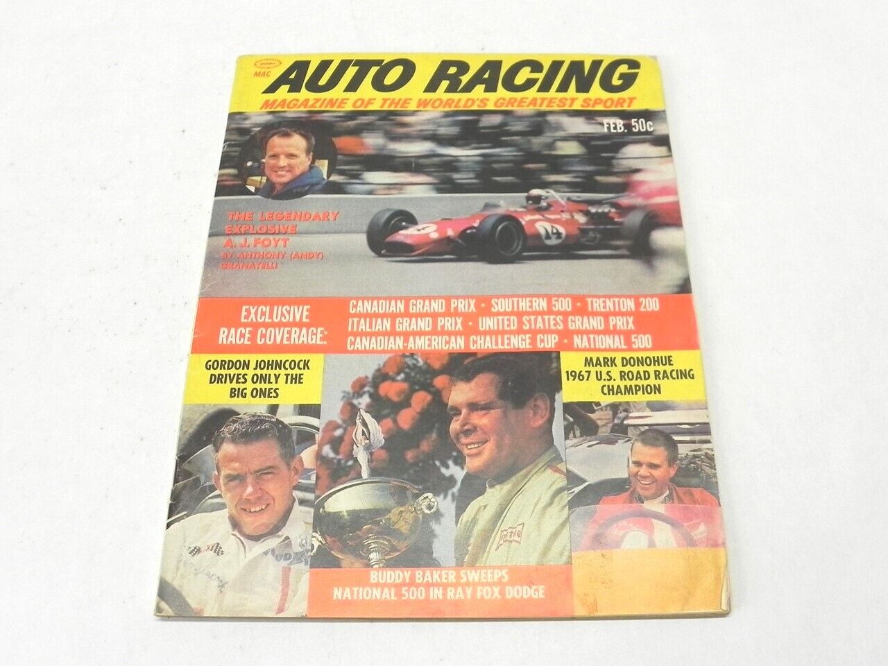 VINTAGE FEB 1967 AUTO RACING EXCLUSIVE RACE COVERAGE BUDDY BAKERS A.J FOYT USED 