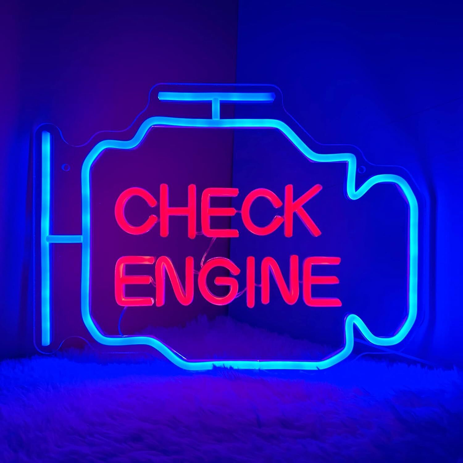 Blue+Red Check Engine Neon Sign USB Power For Auto Repair Shop Garage Wall Decor