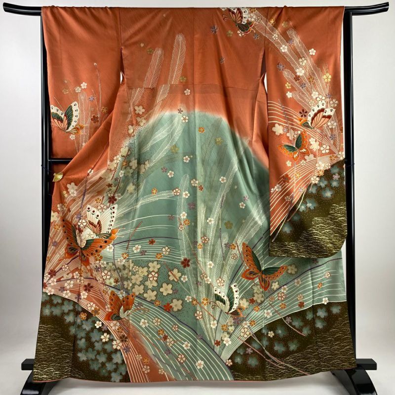 64.8inc Japanese Kimono SILK FURISODE Butterfly Cherry blossoms Salmon pink