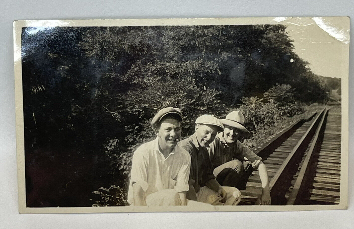 Vtg 1920s Snapshot Photo 3 Handsome Men on Railroad Tracks Cigar Newsboy Caps