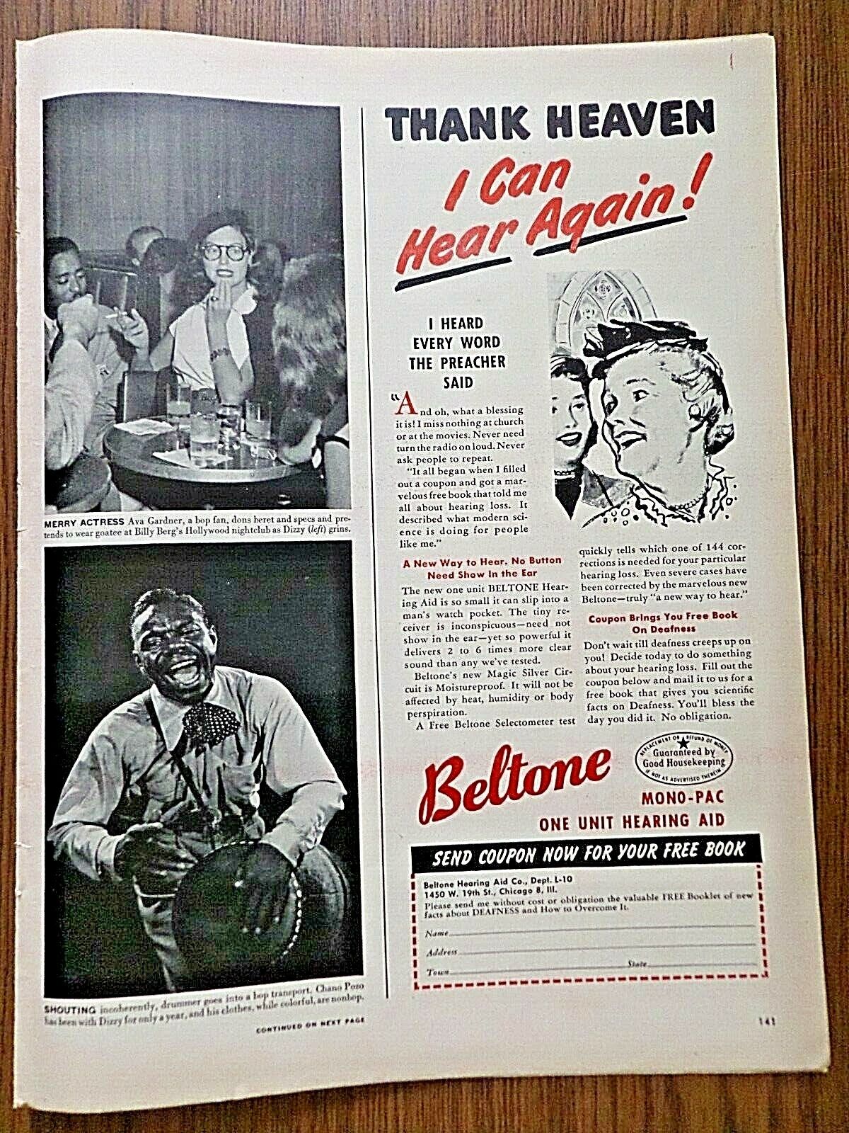1948 Beltone Hearing Aid Ad Thank Heaven I Can Hear Again