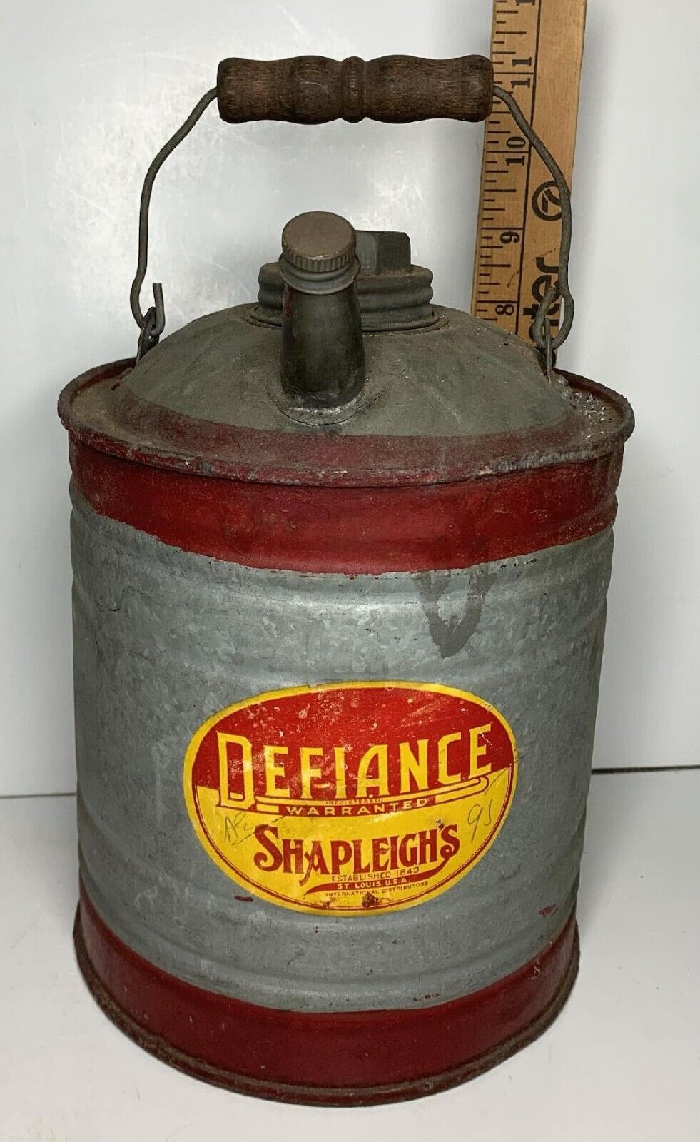 Vintage DEFIANCE SHAPLEIGH\'S  *Rare 1 Gal  GAS UTILITY CAN ADVERTISING  St LOUIS