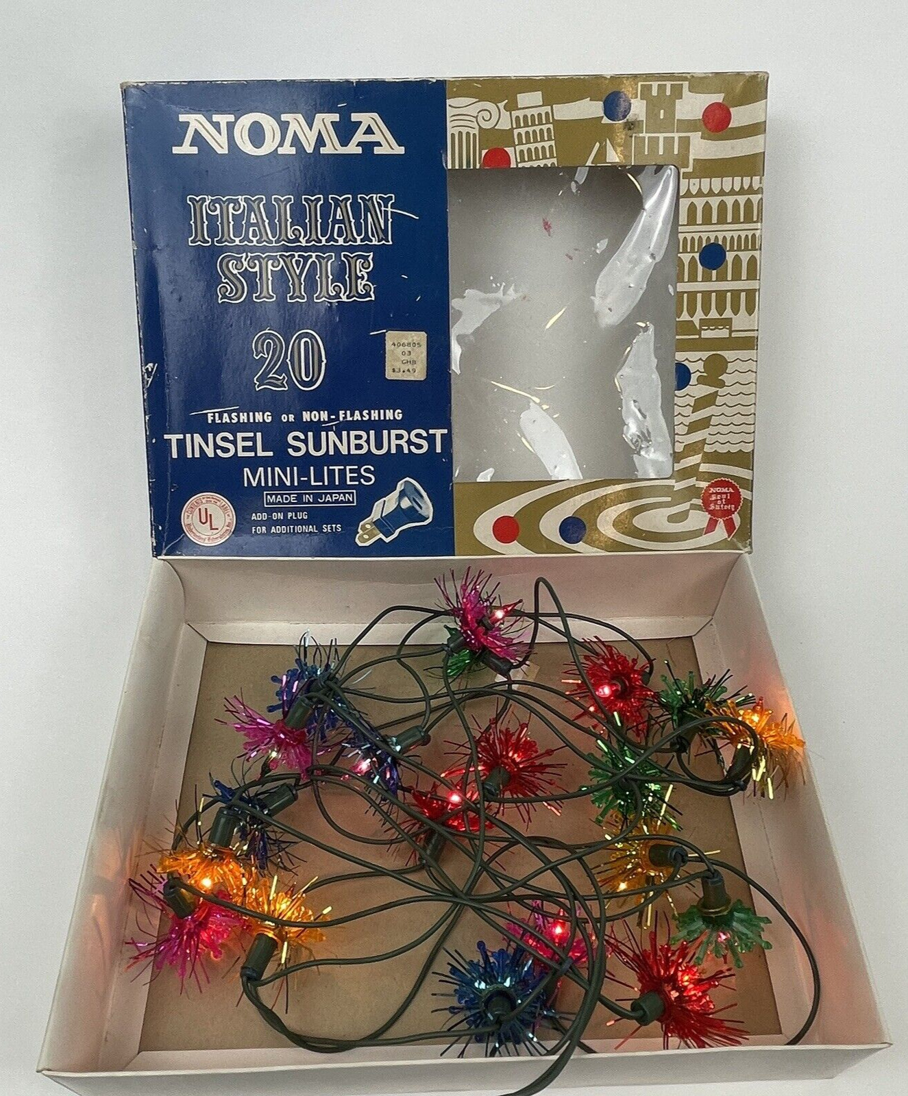Vintage Noma Christmas Lights Tinsel Sunburst Italian Style Atomic Star String 
