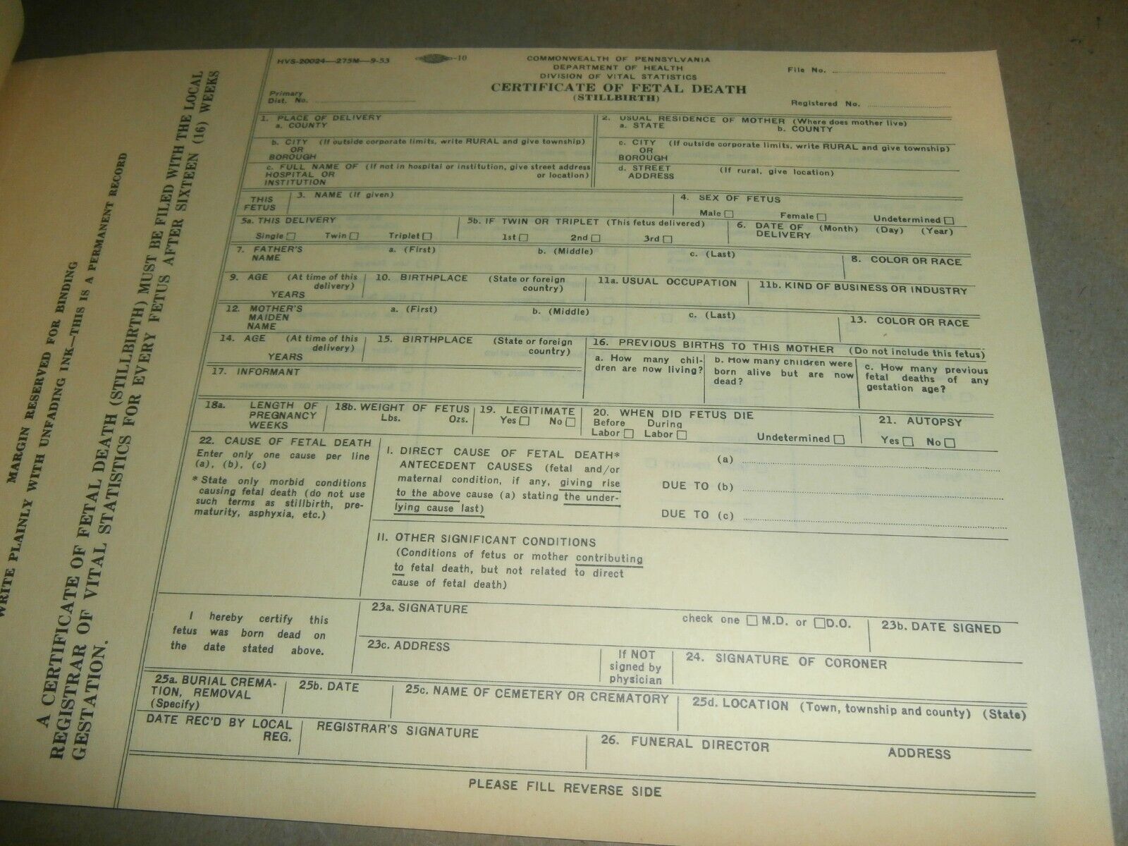 Vntg Commonwealth of PA Hospitals Physicians Stillbirth Death Certificates 1953