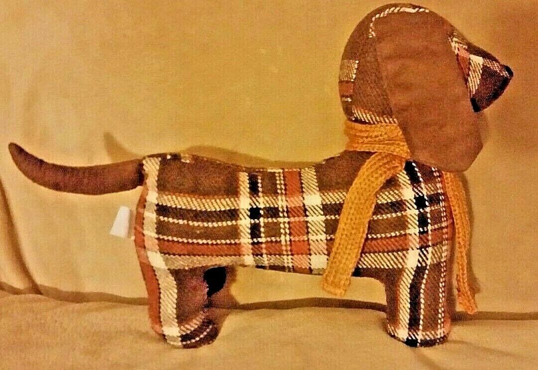 Decorative Plaid Stuffed Dachshund Doxie Sausage Dog Dark Brown Tan Fall Colors