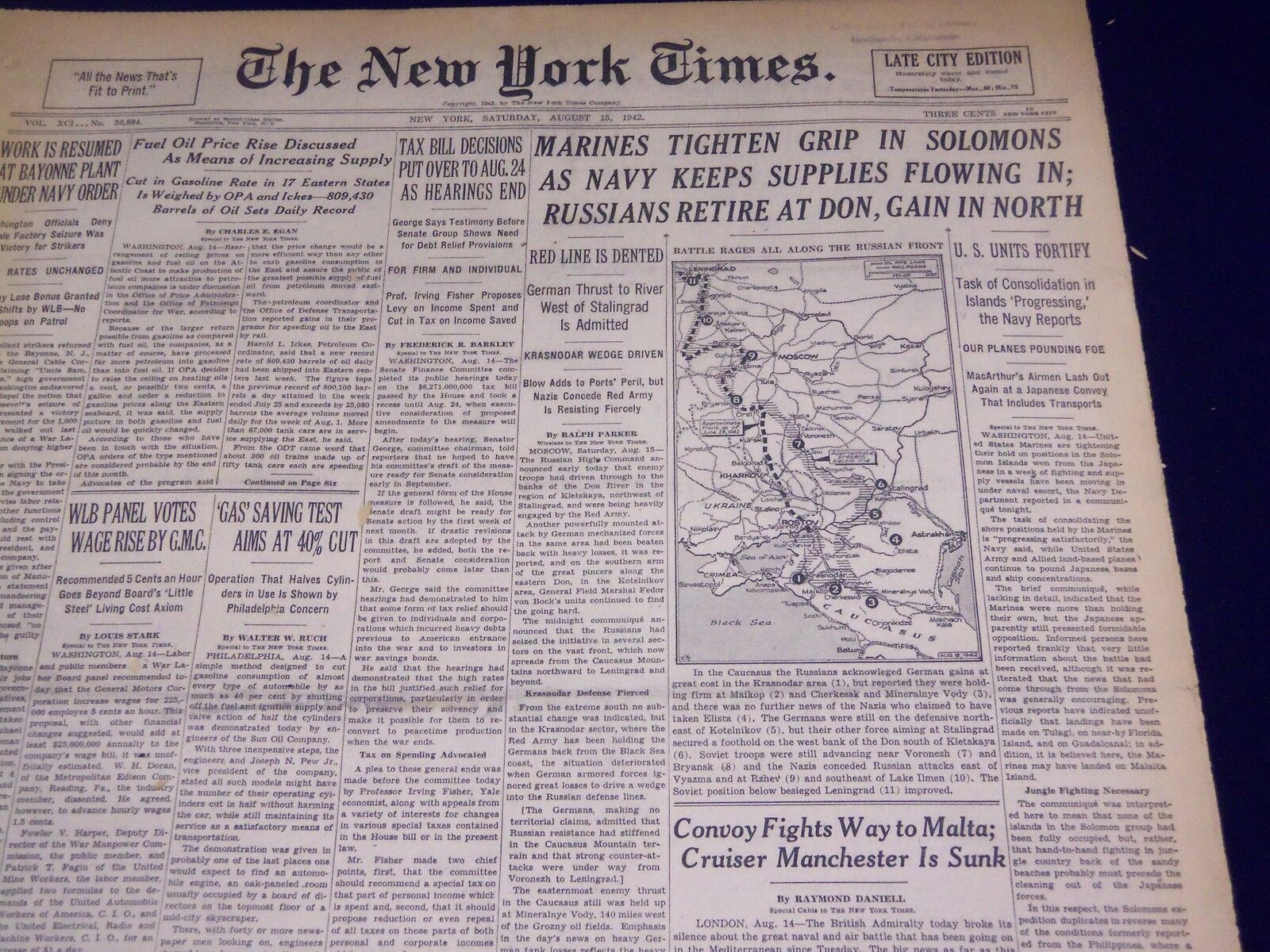1942 AUGUST 15 NEW YORK TIMES - MARINES TIGHTEN GRIP IN SOLOMONS - NT 1539