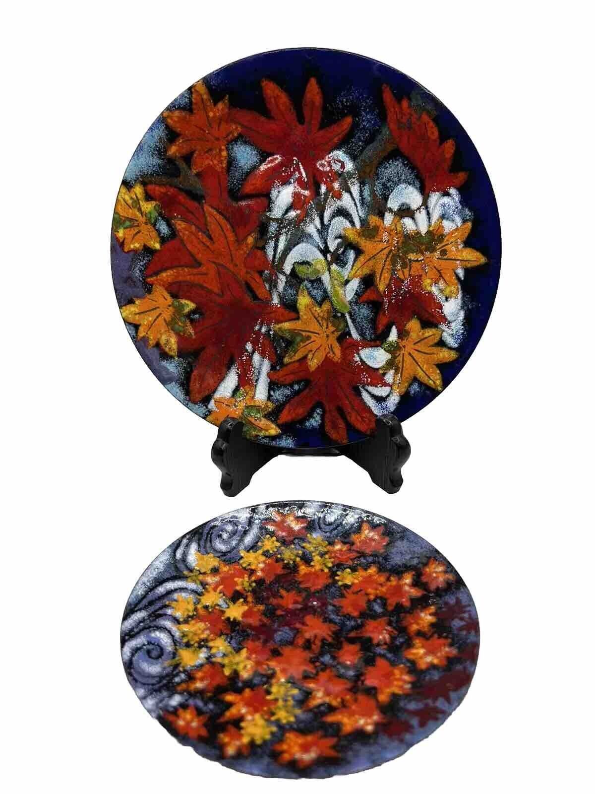 Enamel Over Copper Plate Autumn Maple Leaves Design 7 1/4” And 5” Vintage 2 Pcs