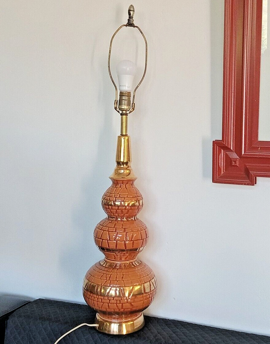Large Mid Century Table Lamp Butterscotch Caramel & Gold Glazed Pottery 34\