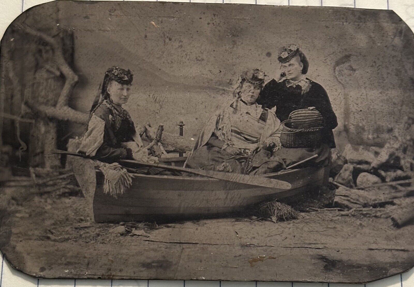 Time Travel? Tintype Ladies On Boat Talking On Telephone Calling For Help