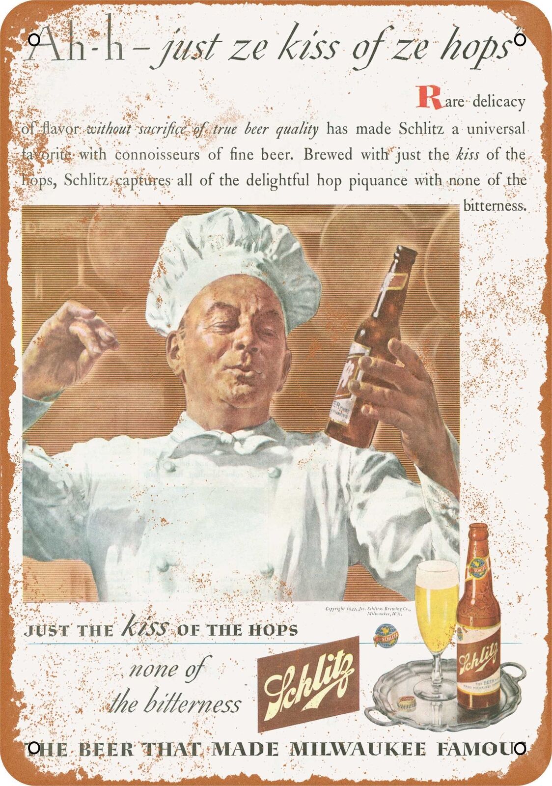 Metal Sign - 1944 Schlitz Beer Kiss of Hops -- Vintage Look