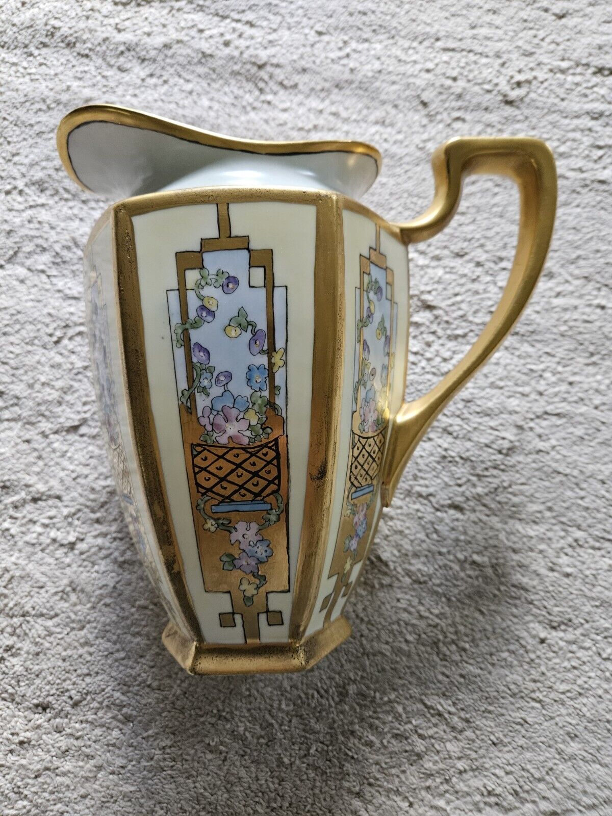 1930 Large Porcelain Painted Pitcher Art Nouveau Flowers Design Gold Trim...