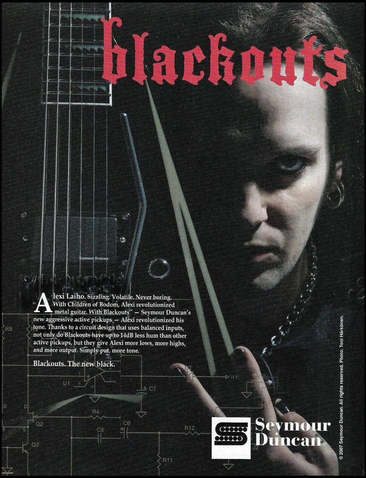 Children of Bodom Alexi Laiho Seymour Duncan Blackouts guitar pickups ad print