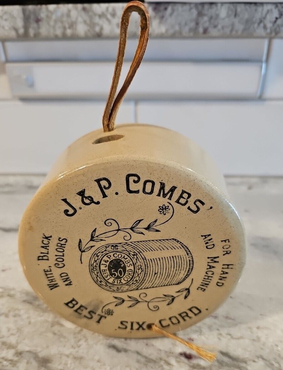 Vintage J & P Combs Stoneware String Holder Best Six Cord Advertising (E)