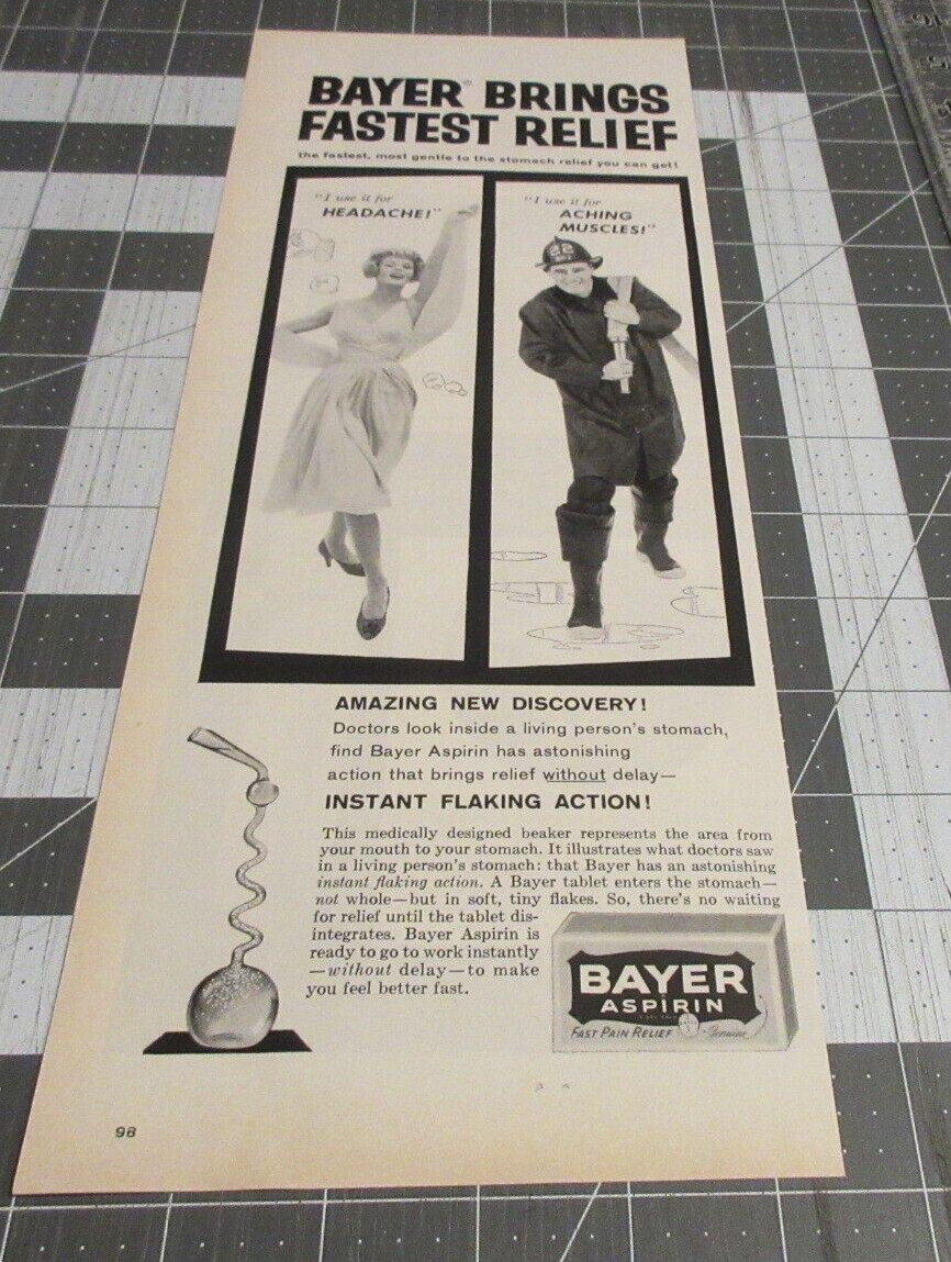 1959 Bayer Aspirin Vintage Print Ad Brings Fastest Relief Headache Aching Muscle