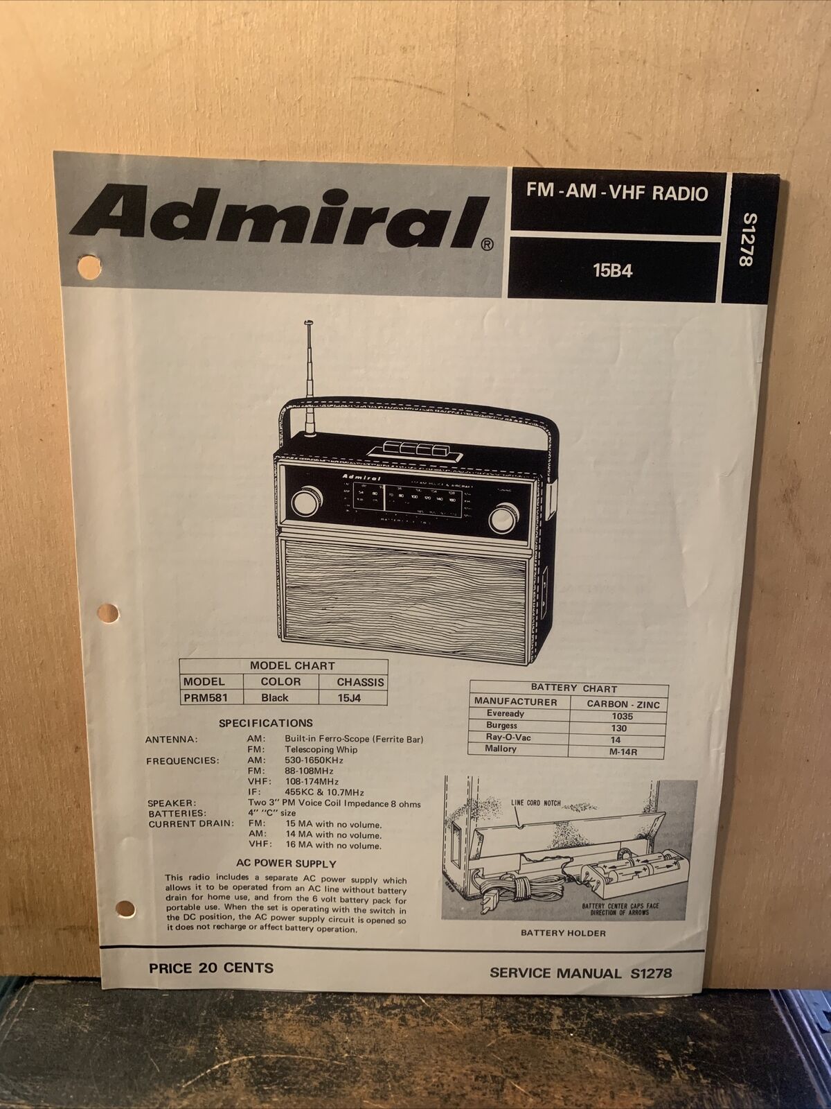 Admiral FM AM VHF Radio Model #PRM581-Service Manual- Schematics Etc.