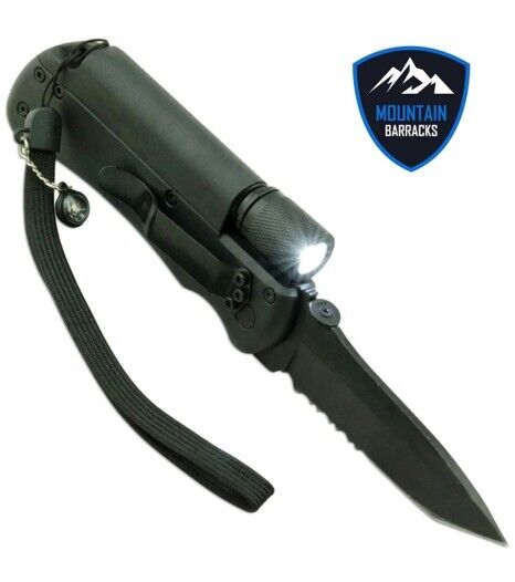 Tactical Survival Knife ￼With Built In Fire Starter, LED Flashlight &￼ Whistle
