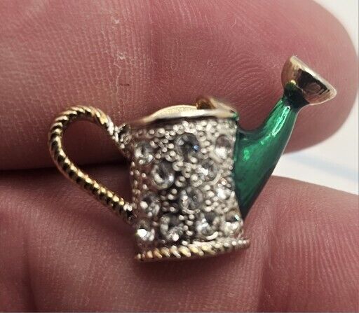 VTG Lapel Pinback Hat Pin Gold Tone Flower Watering Can Clear Rhinestone Green 