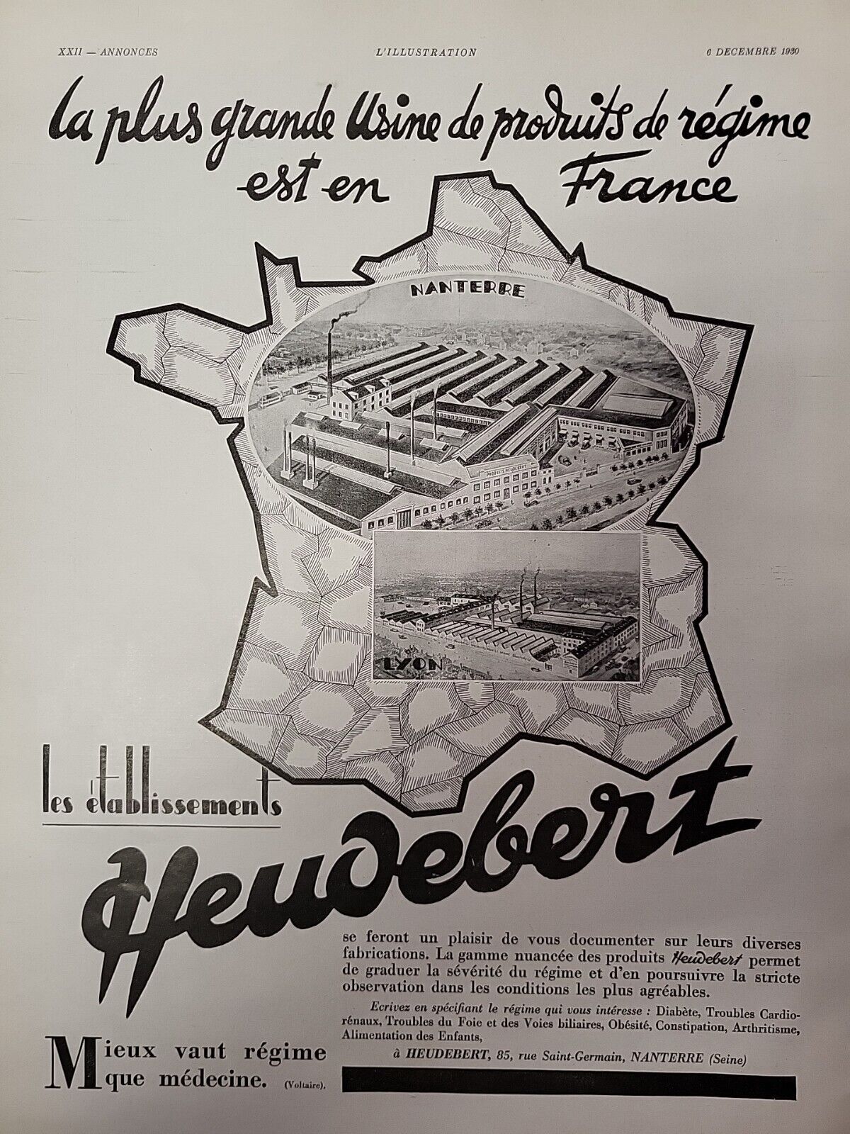 Heudebert Dietary Supplements 1930 L'illustration Mag Print Ad FRENCH Factories