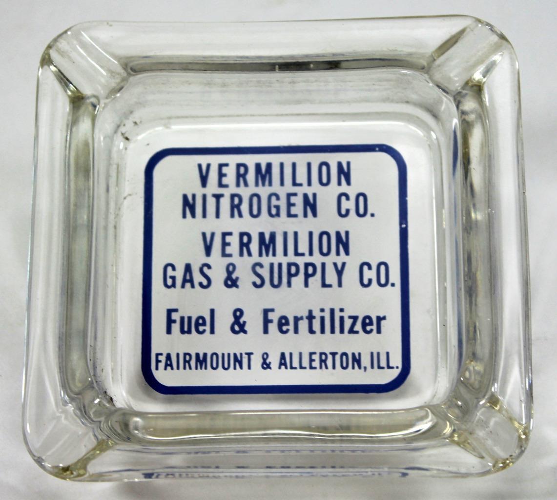 Vintage Vermilion Nitrogen, Gas & Spply Co. Fuel & Ferilizer Glass Ashtray