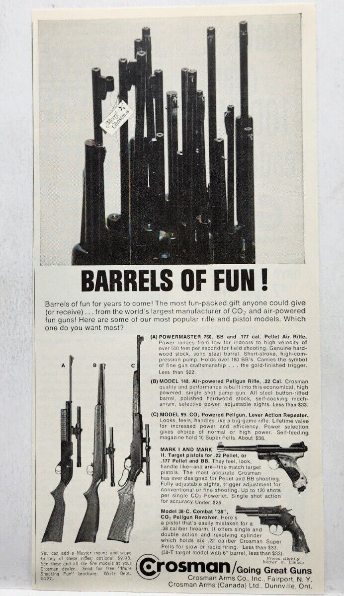 1967 Crosman CO2 Rifle Gun Hunting Barrels Of Fun Print Ad Man Cave Fairport NY
