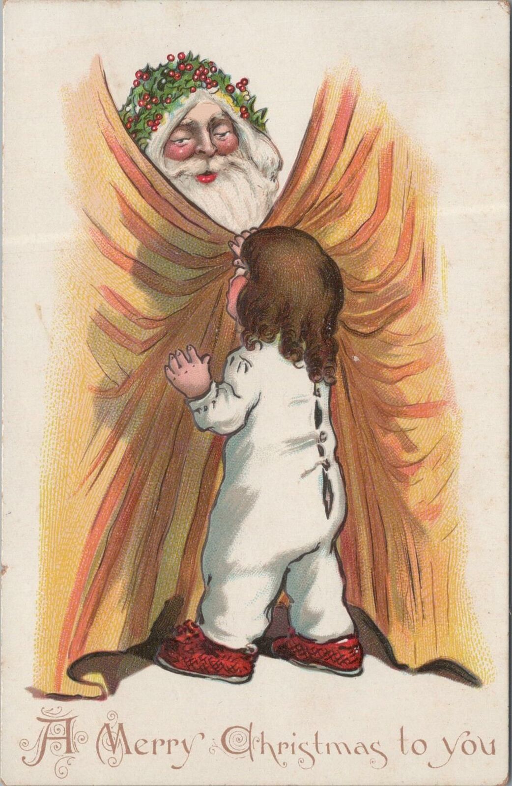 Postcard Merry Christmas Santa Behind Curtain Little Girl Watching 