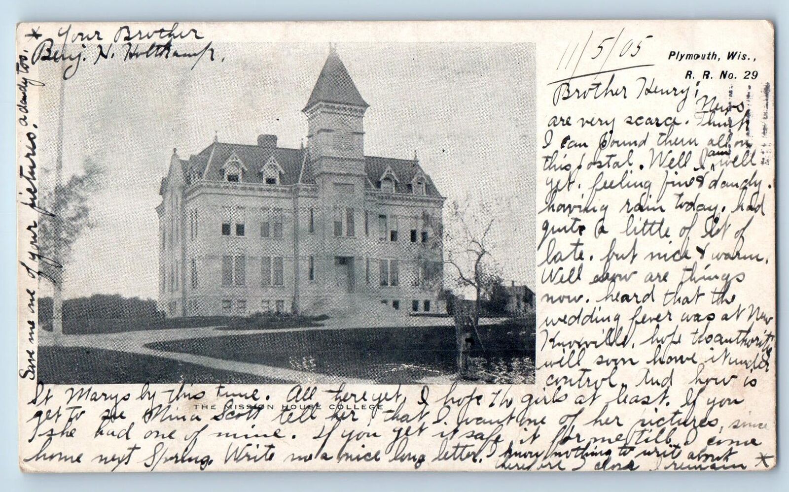 1905 The Mission House College Building Campus Tower Plymouth Wisconsin Postcard