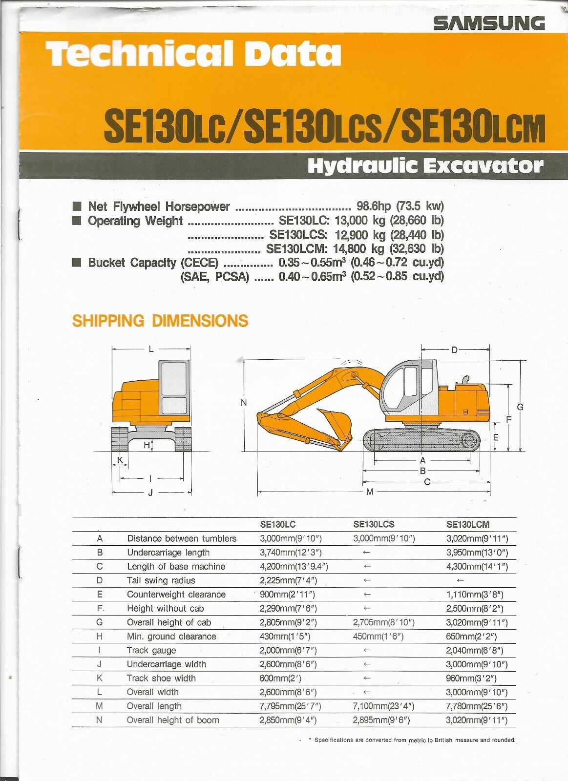 Original OEM Samsung SE130LC SE130LCS SE130LCM Excavator Technical Data Brochure