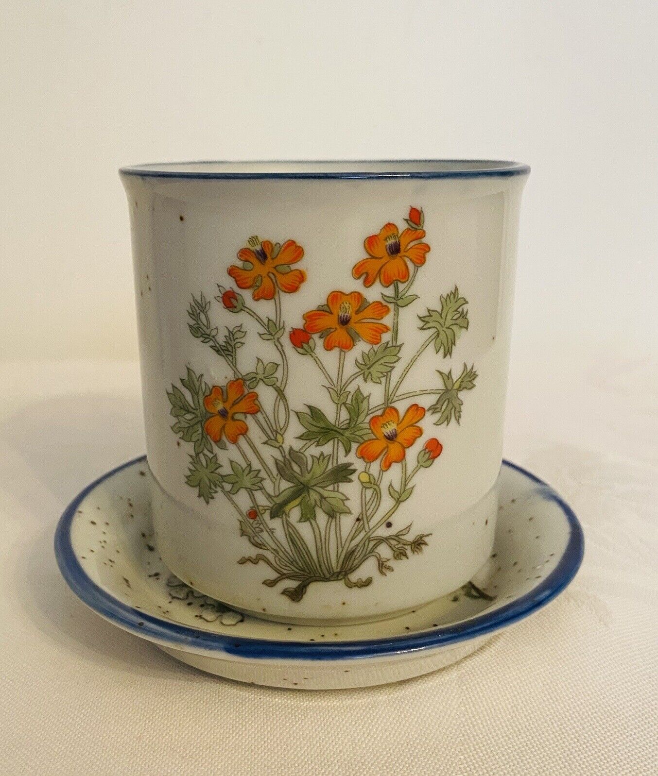 Vintage Speckled Floral Stoneware Mini Flower Pot Planter and Saucer Takahashi