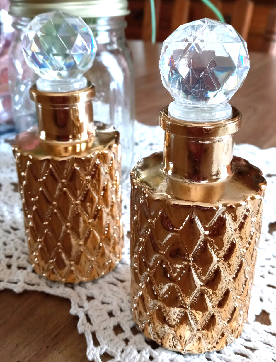 2 Glass Gold Perfume Essential Oil Bottles LARGE Vanity 4oz w/ Faceted Stoppers