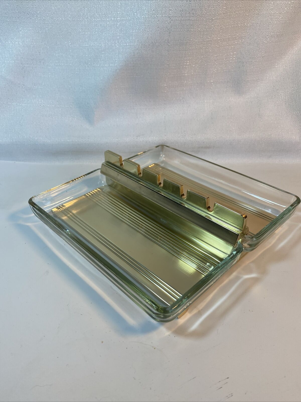 MCM Vintage Ashtray with Gold Color Metal Holder & 2 Glass Removable Trays