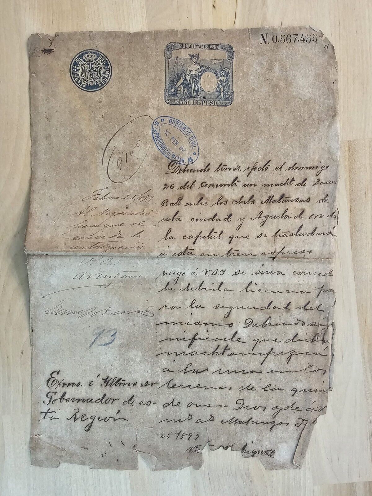 Cuban Cuba Letter 1893 MATANZAS BASEBALL POLICE REPORT NEGRO LEAGUE DOCUMENT BBC