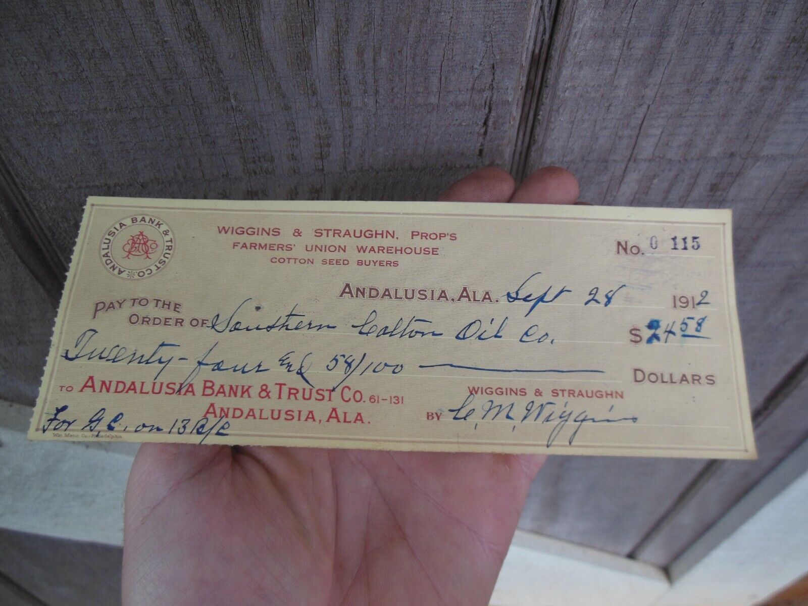 1912 Andalusia Alabama Bank Trust Southern Cotton Oil Co Seed Buyers Receipt