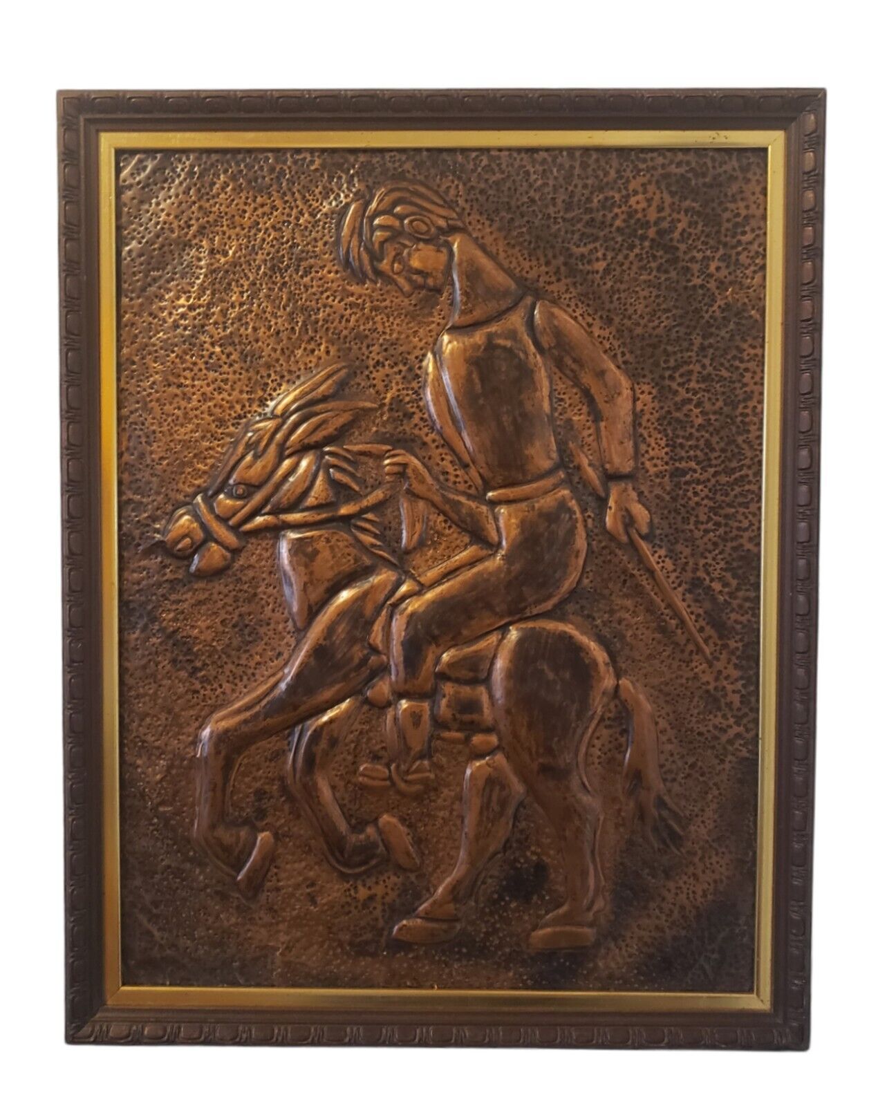 Vintage Embossed Relief Hammered Copper  Man Riding Horse  Wall Plaque Framed