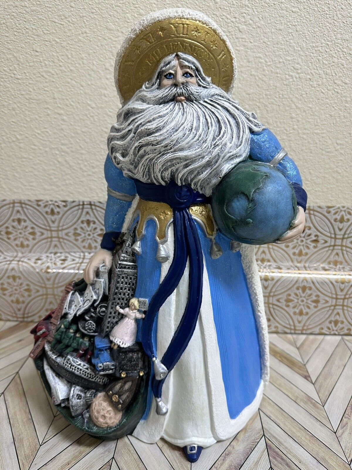 Old World Millennium Santa Ceramic Hand Painted with Historic Items in Bag 00’
