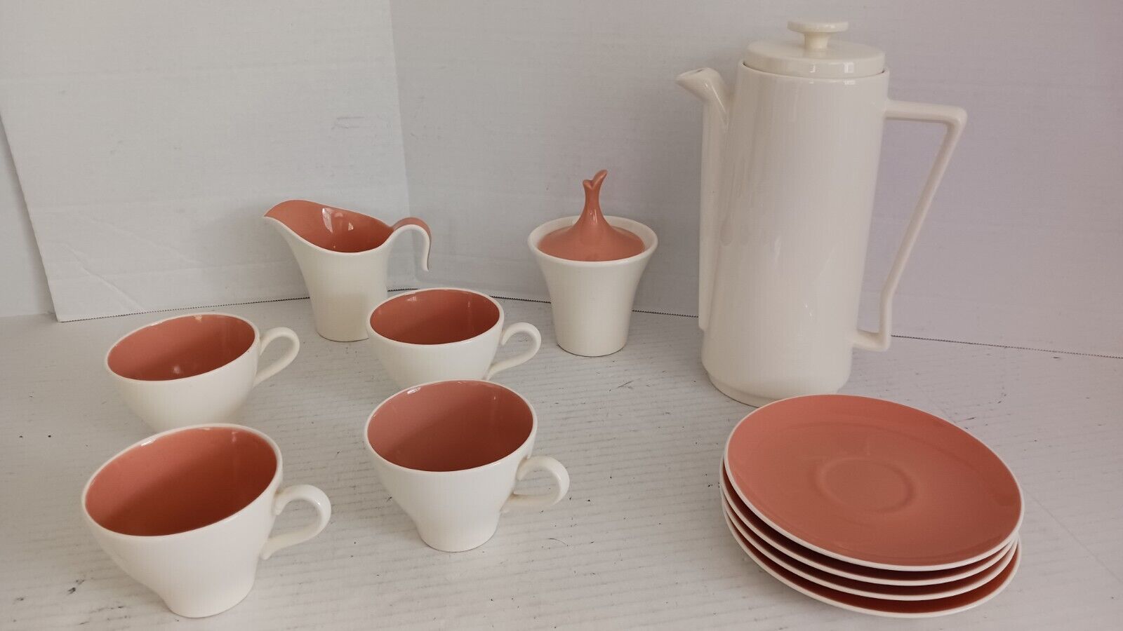 Vintage Harkerware Coral & White Teapot, Sugar Dish, Creamer & Cups/Saucers X4