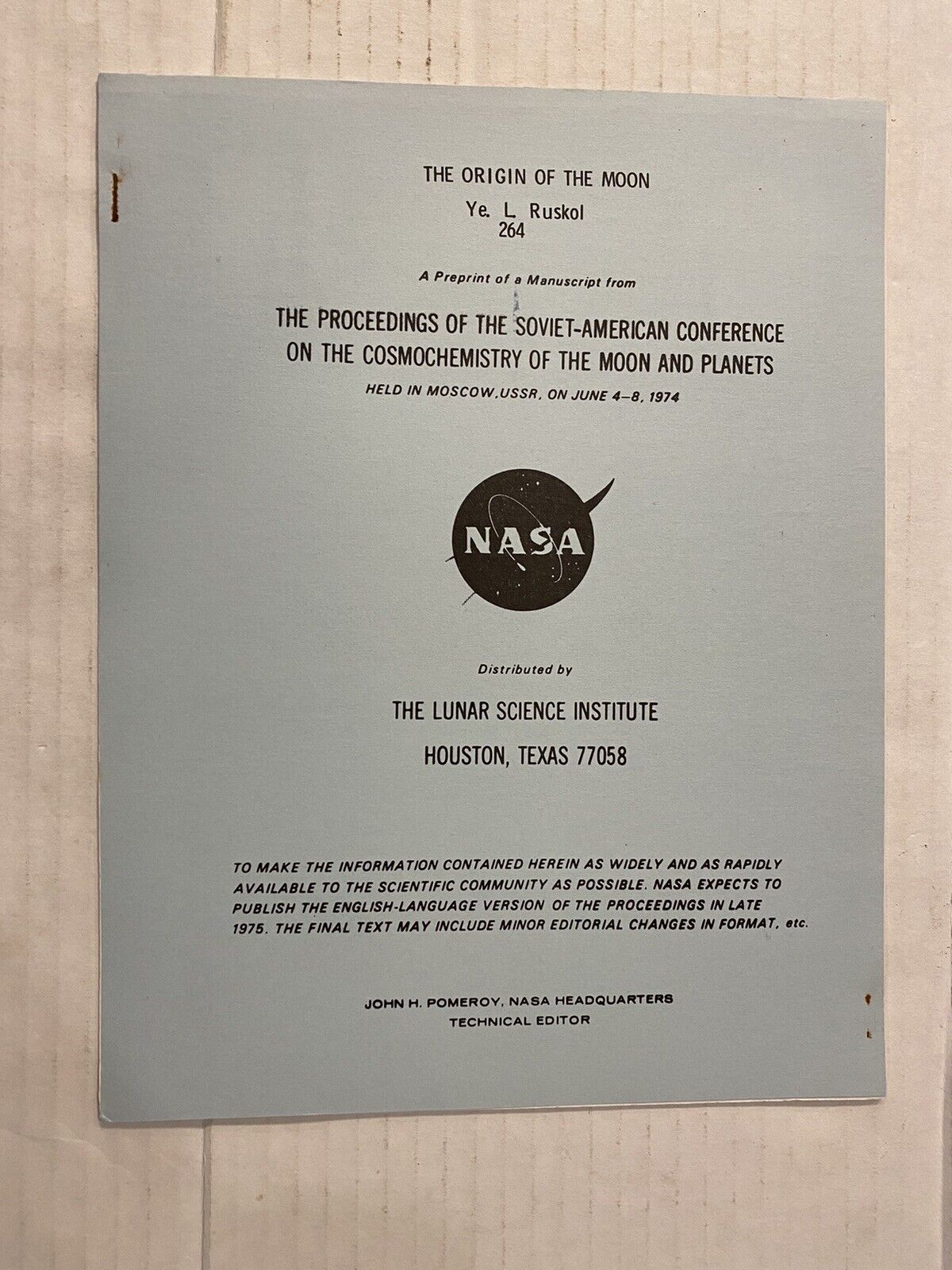 NASA Soviet-American Confrence The Origin Of The Moon 