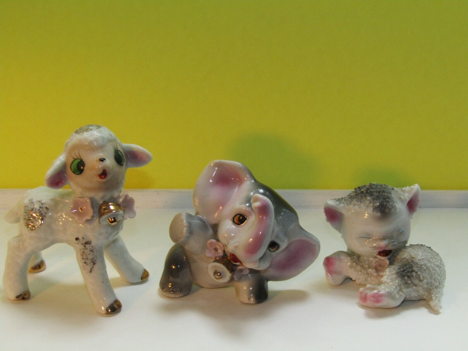 Lot 3 Vtg Elephant & Lamb w/ Bells Applied Flowers & Sugar Texture Cat Figurines