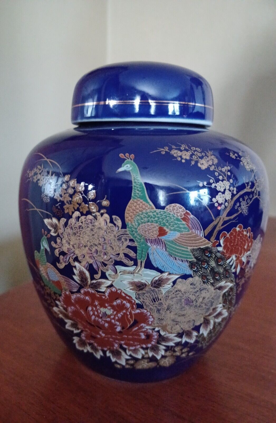 Vintage Fine Porcelain Handpainted Cobalt Blue Ginger Jar Peacocks & Flowers