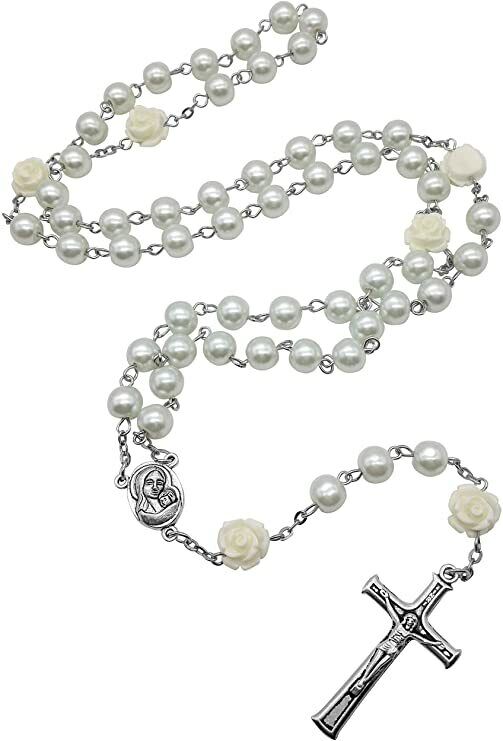 Pure White Pearl Beads Rosary Necklace Rose Lourdes Medal & Cross Crucifix