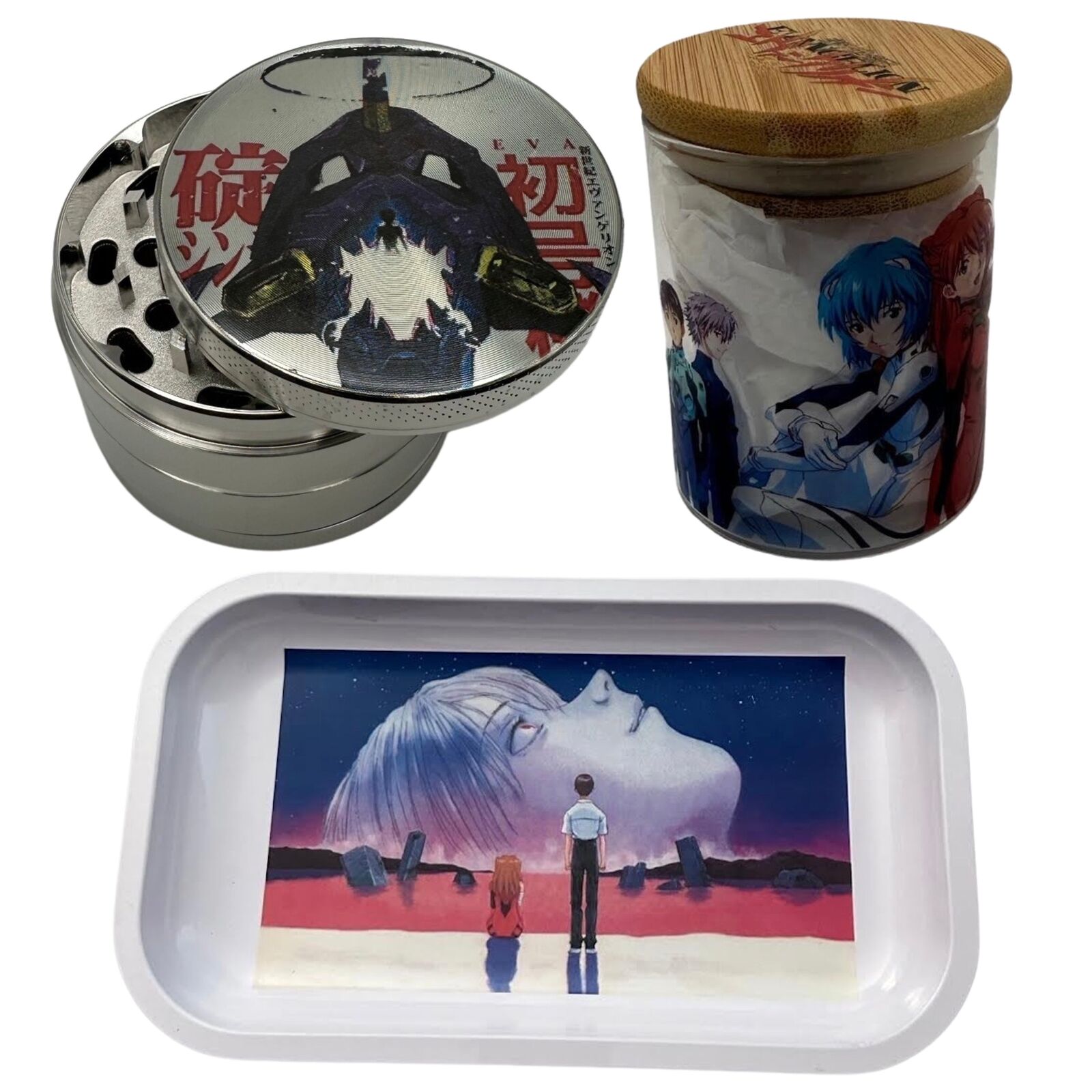 Evangelion Anime Herb Grinder, Stash Jar, Rolling Tray Set