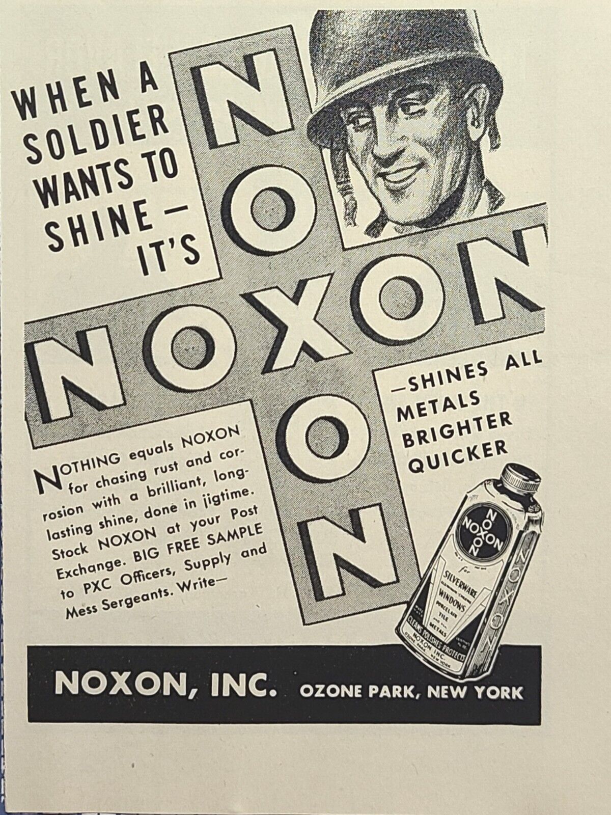 Noxon Metal Polish Stops Rust Corrosion Soldier Ozone Park Vintage Print Ad 1944