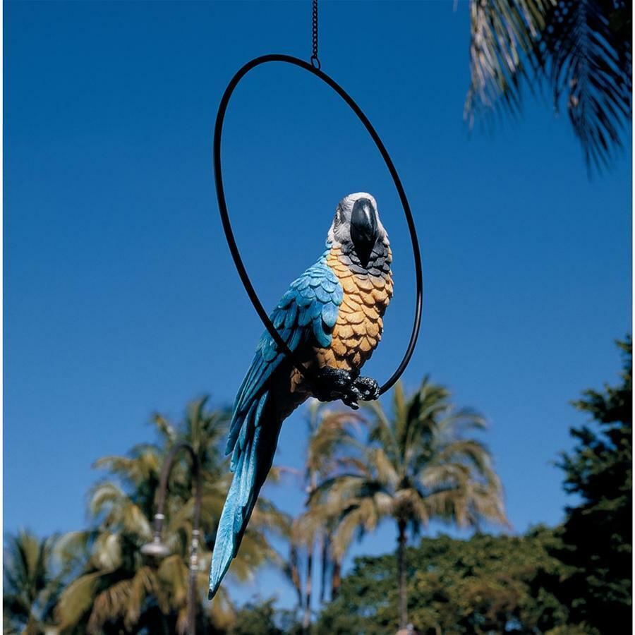 Large Colorful Tropical Paradise Parrot Metal Hanging Ring Perch Bird Sculpture