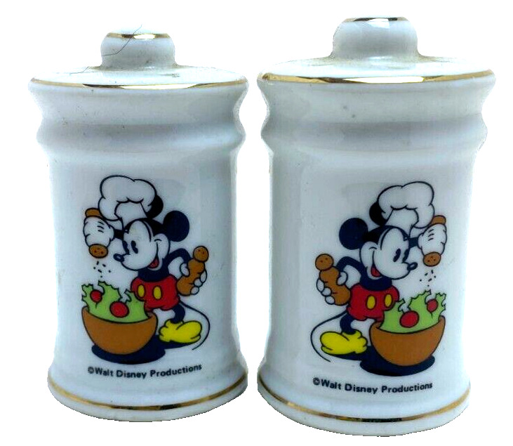 VTG Walt Disney Productions Mickey Mouse Salt & Pepper Shakers Ceramic,Gold Trim