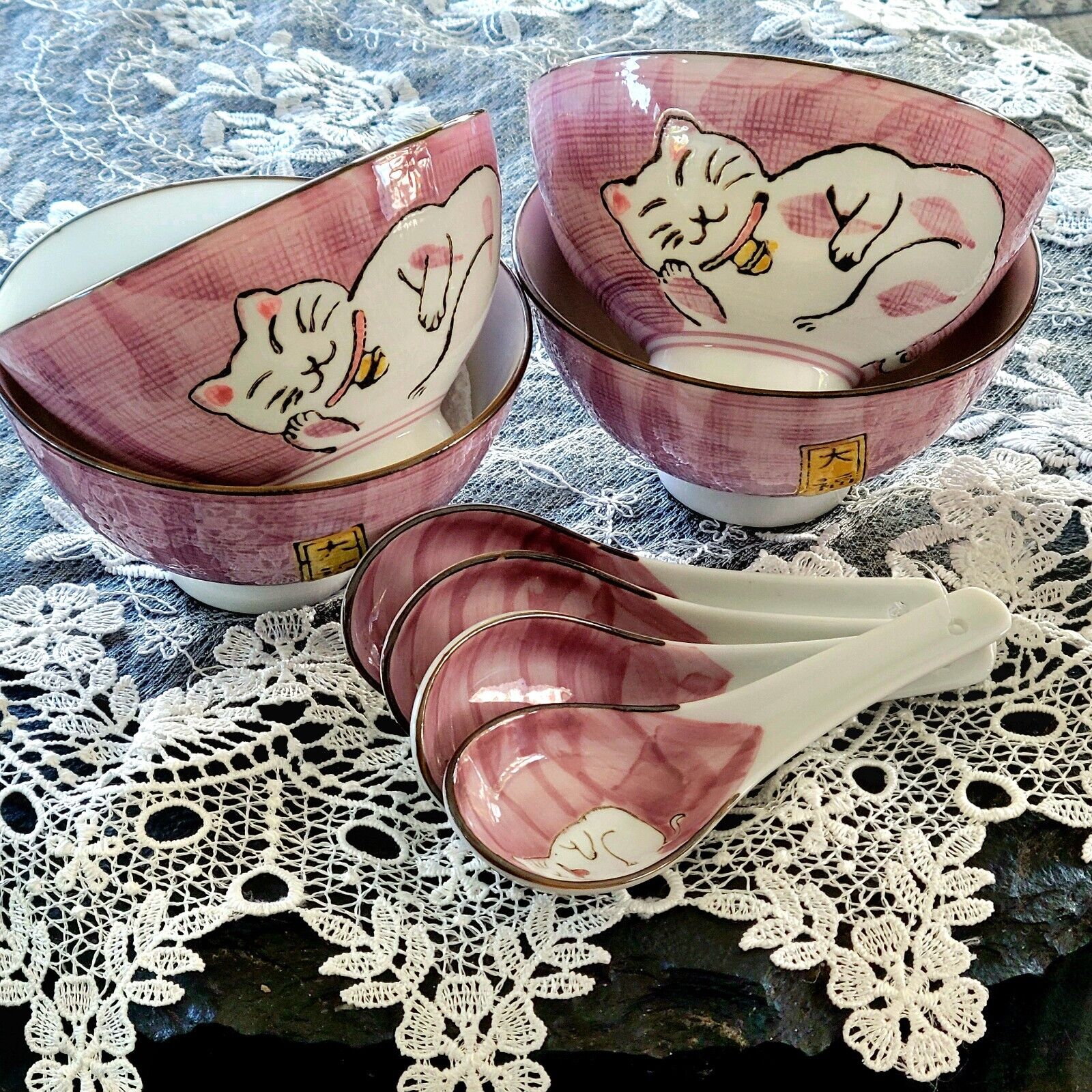 Japanese Maneki Neko Lucky Cat Rice Bowls & Spoons Porcelain 4.5\
