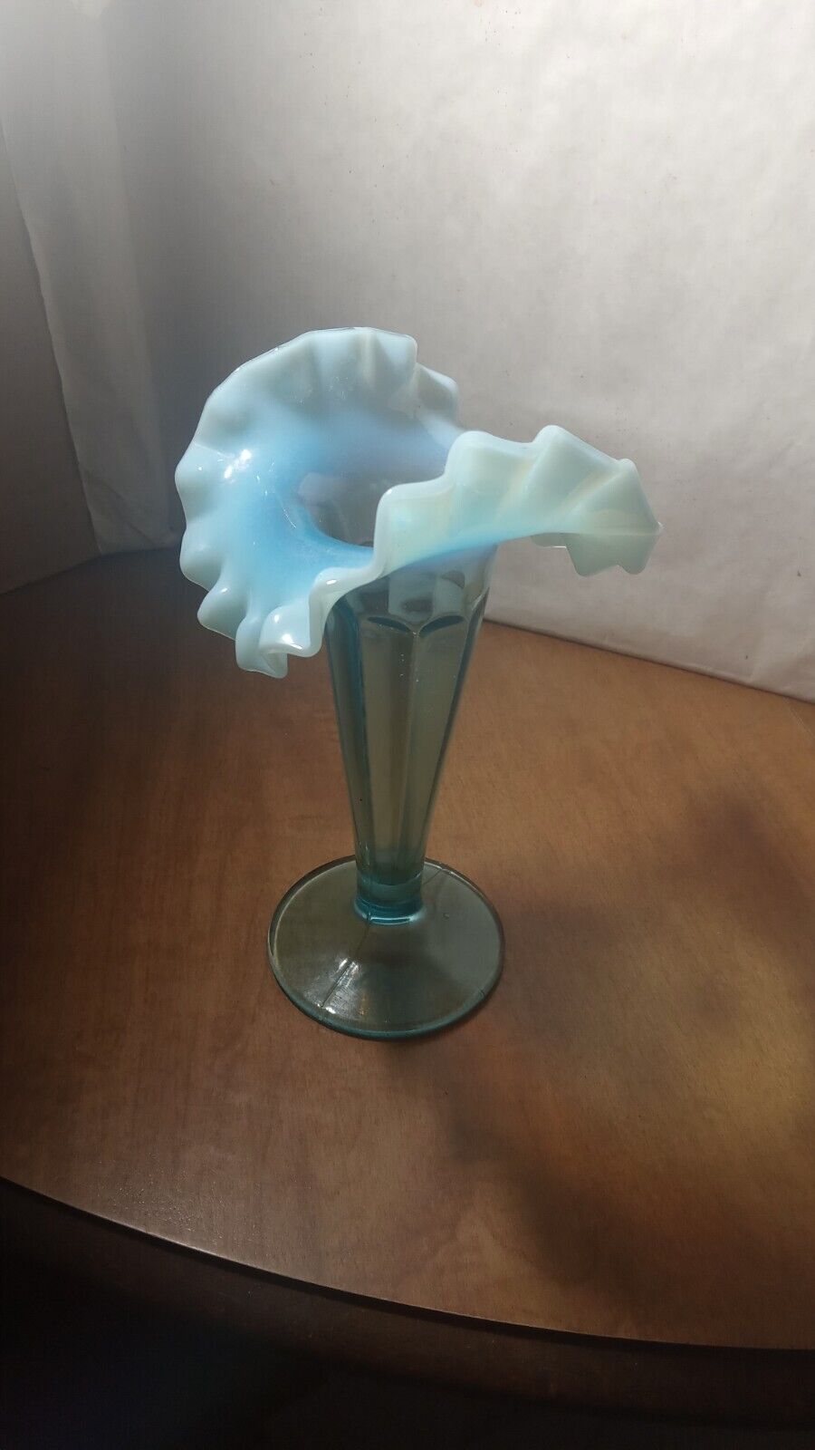 Vintage Jefferson Blue Opalescent Glass Bud Vase Fluted Rim