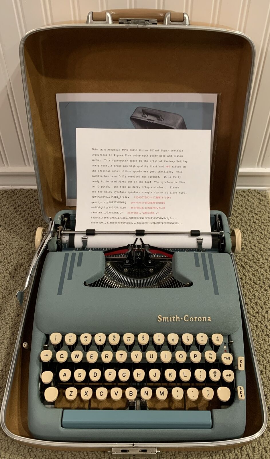 1959 Smith Corona Silent Super 5T Series Portable Typewriter Alpine Blue w/Case