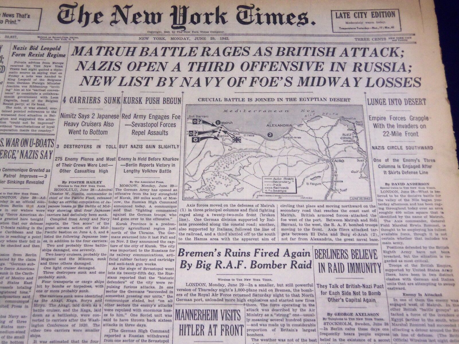 1942 JUNE 29 NEW YORK TIMES - MATRUH BATTLE RAGES AS BRITISH ATTACK - NT 1541