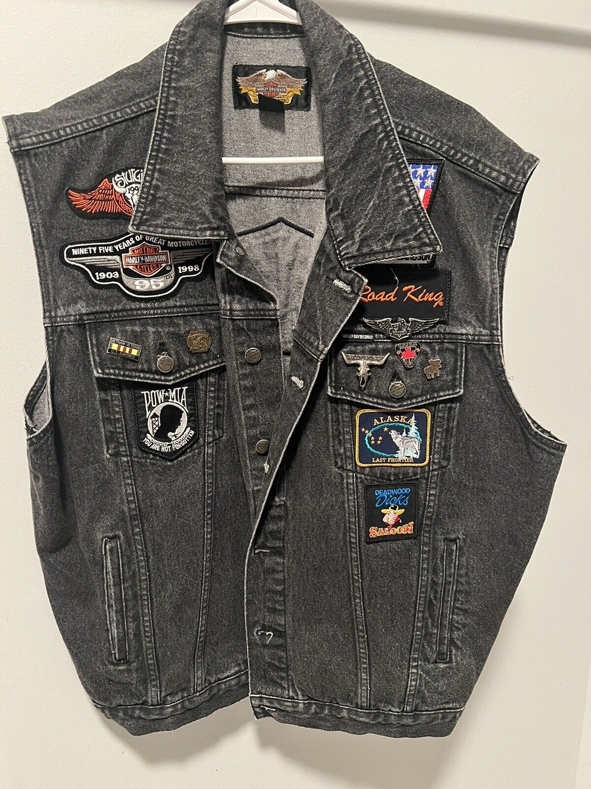 Vintage Harley Davidson Black Denim Vest with Patches / Pins  Vietnam Veteran XL