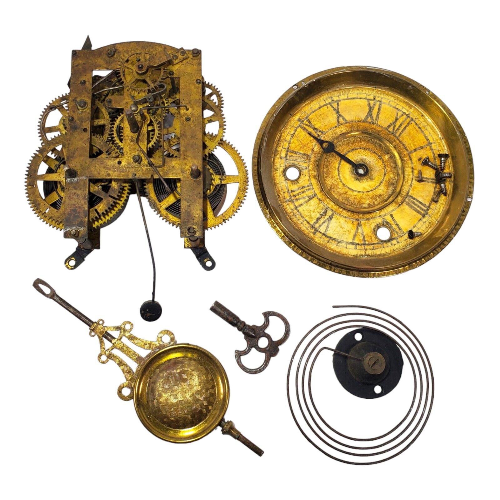 Terry Clock Co. Pittsfield Mass Movement Dial Pendulum & Key